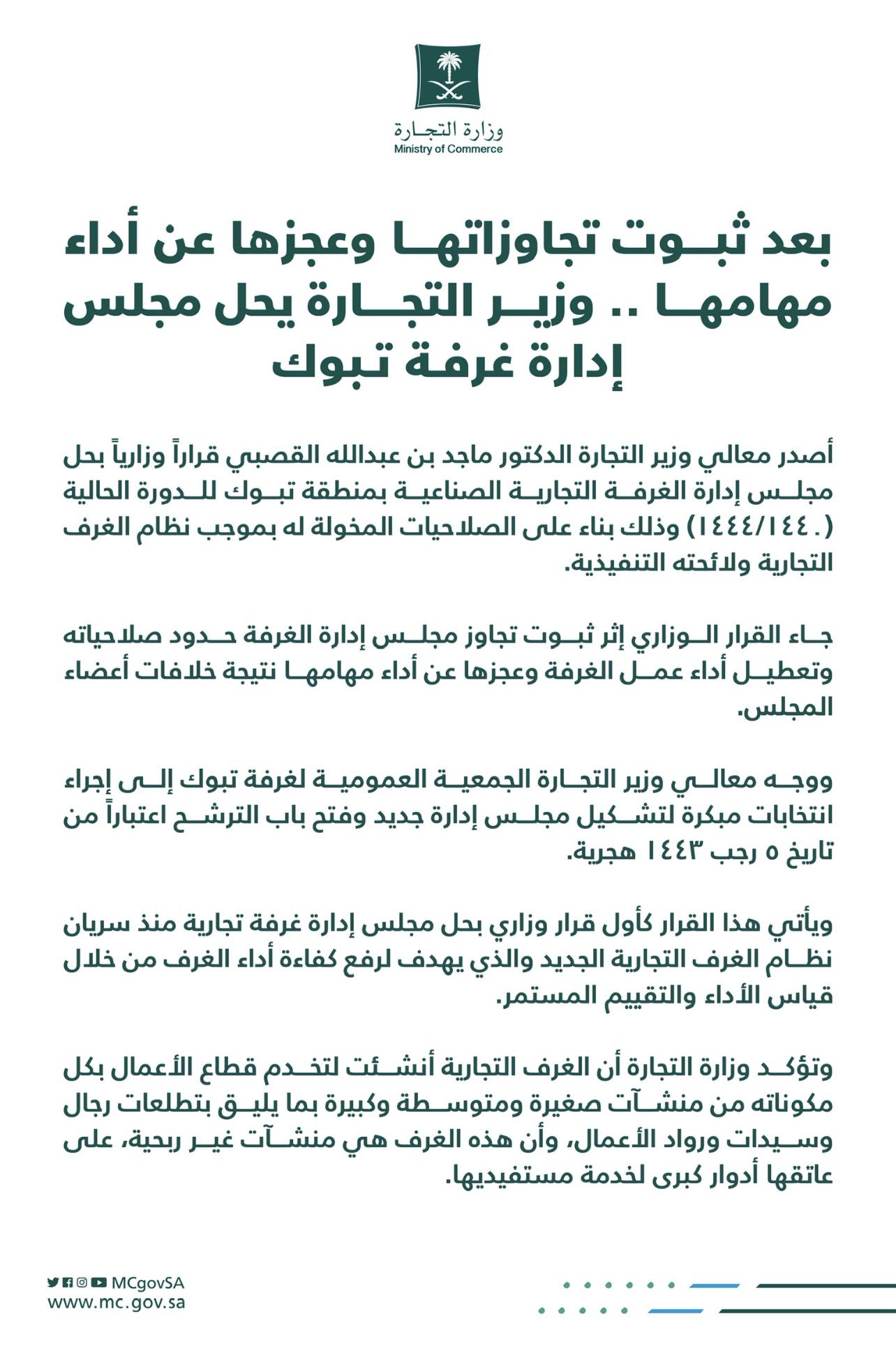 بعد ثبوت تجاوزاتها وعجزها عن أداء مهامها .. وزير التجارة يحل مجلس إدارة غرفة تبوك